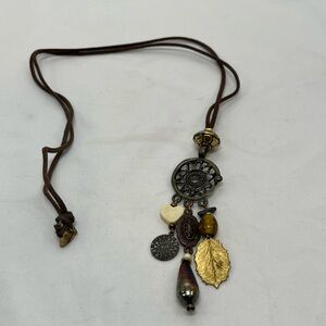 The Limited Brown Mandala Necklace with Beaded Charm Drops Leather Cord 30 in